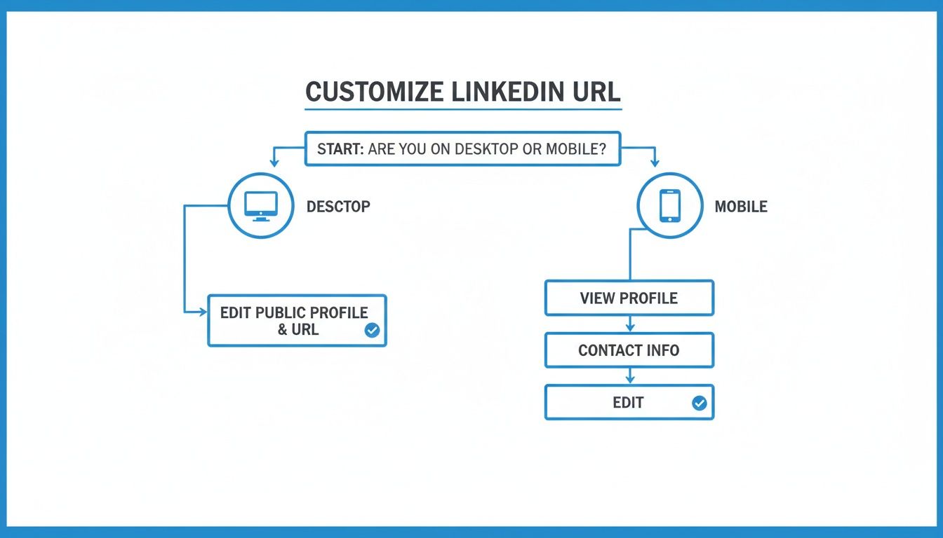 Flowchart showing steps to customize your LinkedIn URL on desktop and mobile devices.