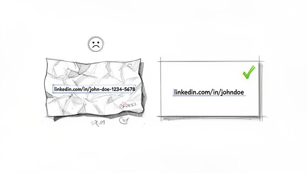 Comparison of a long, unoptimized LinkedIn URL (bad) versus a short, customized LinkedIn URL (good).