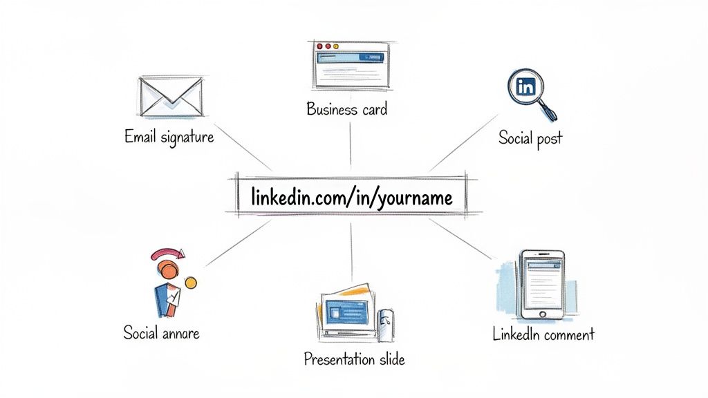 Diagram showing various places to share a LinkedIn profile URL like email, business cards, and social media.