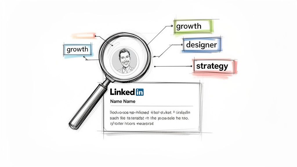 A sketch of a magnifying glass over a LinkedIn profile, highlighting skills like growth, design, and strategy.