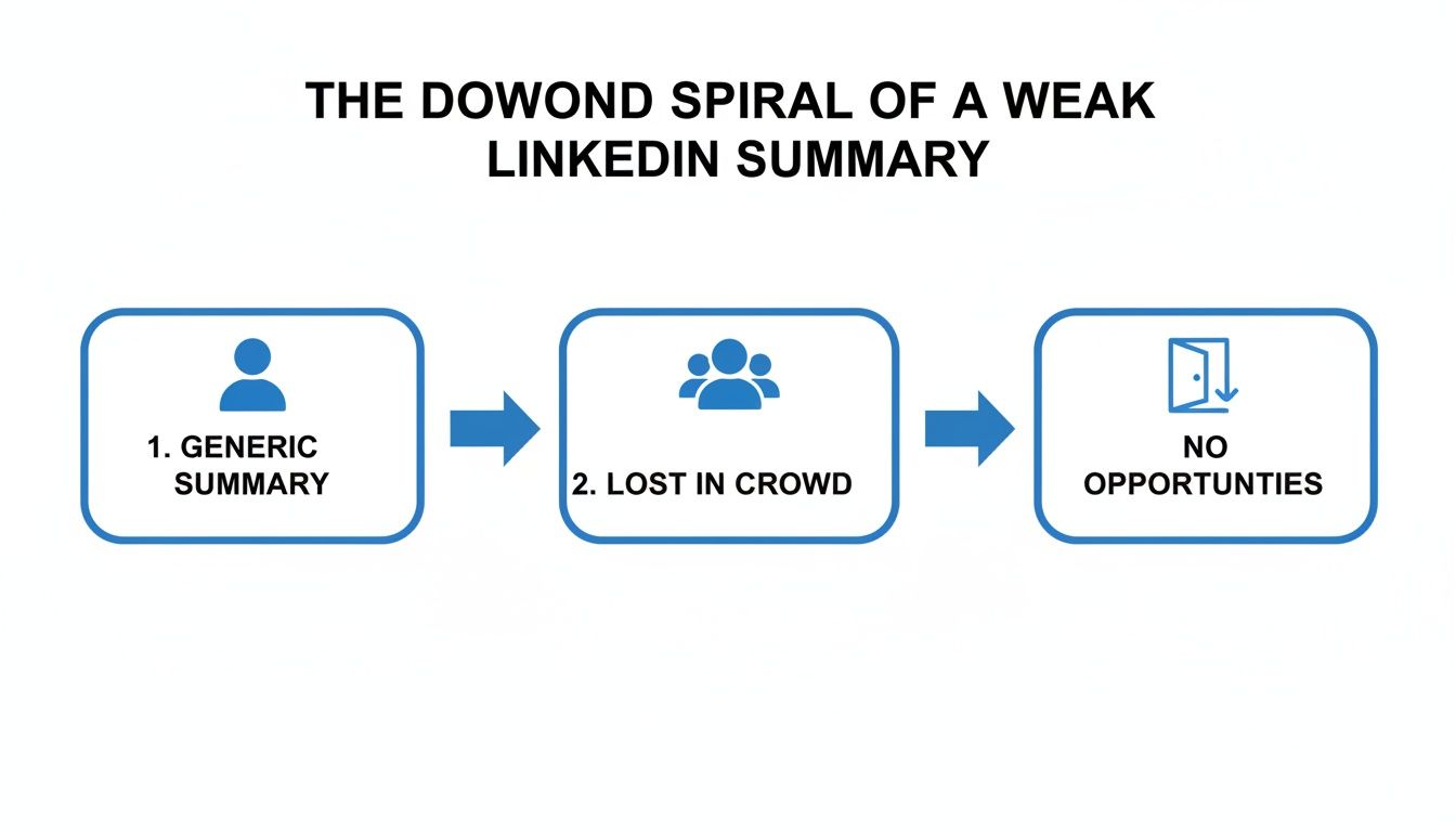 Flowchart illustrating the spiral of a weak LinkedIn summary, leading from generic summary to no opportunities.