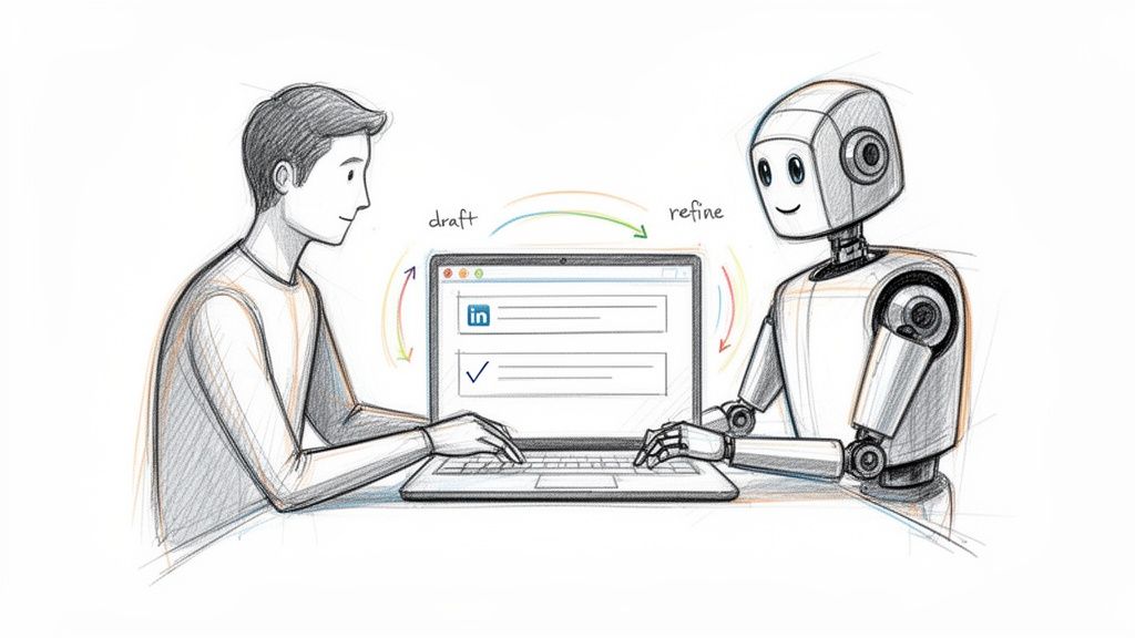 Human and robot collaborate on a laptop for content creation, illustrating a draft and refine workflow.