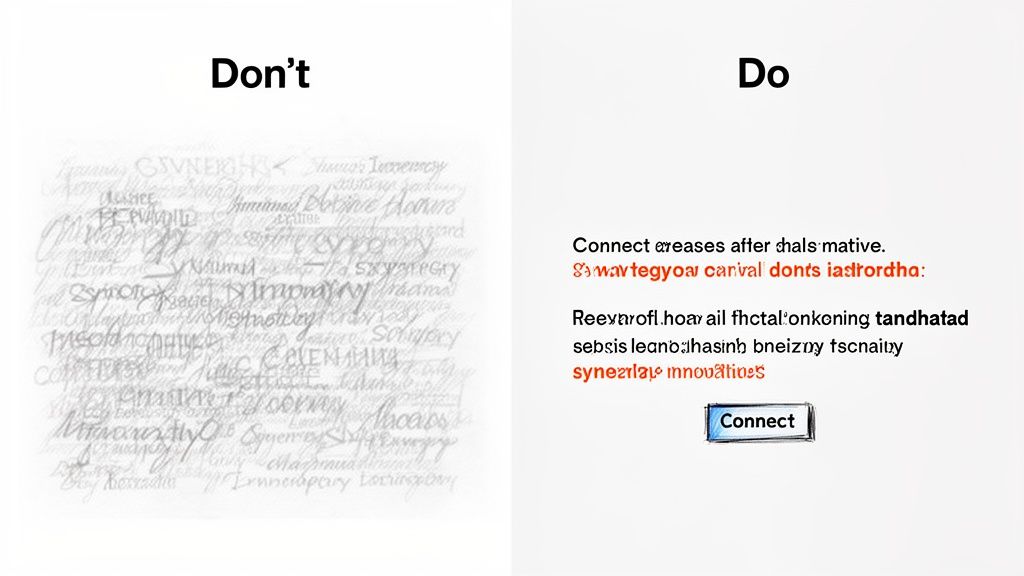 A side-by-side comparison illustrating illegible, overlapping text in a 'Don't' section versus clear, distinct text and a 'Connect' button in a 'Do' section.
