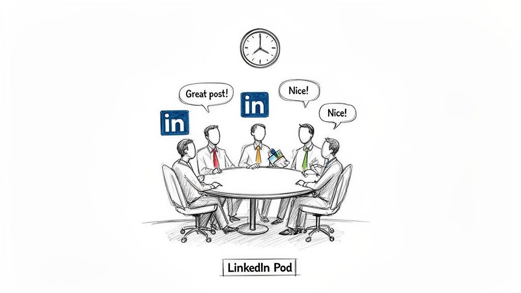 Illustration of five people at a table with LinkedIn logos and 'Great post!', 'Nice!' speech bubbles, representing a LinkedIn Pod.