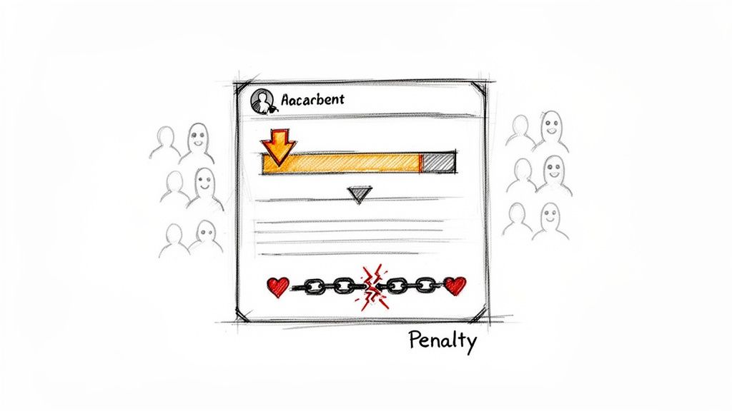 Sketch illustrating a social media penalty, with a broken chain between hearts and a decreasing progress bar.