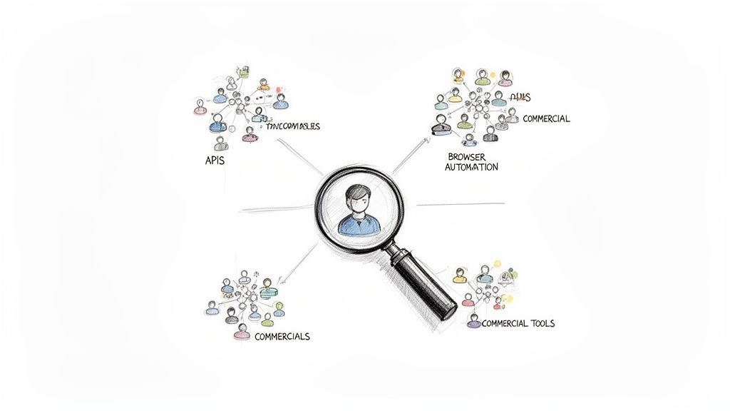 Magnifying glass over a user, illustrating data collection from various sources like APIs, browser automation, and commercial tools.