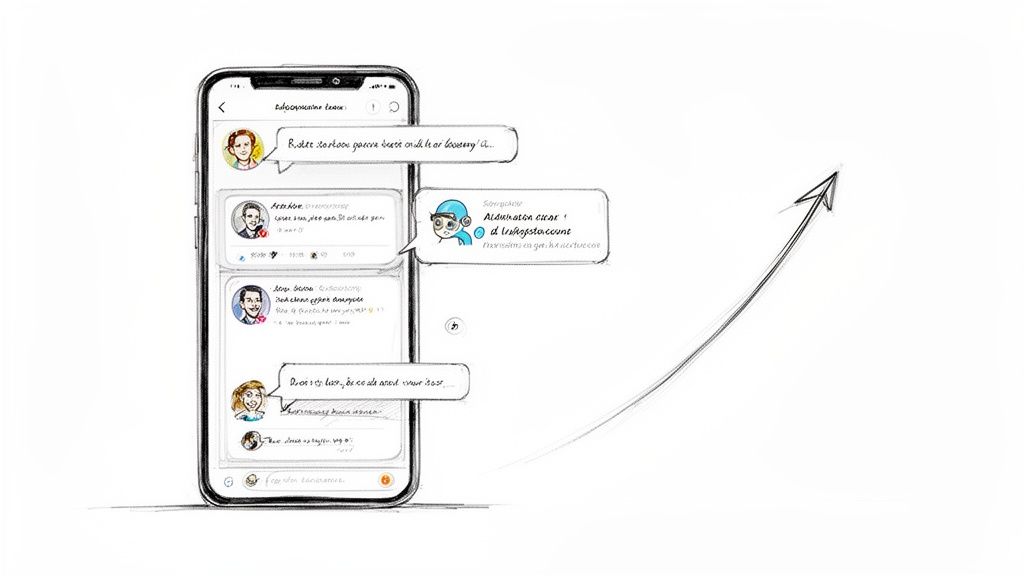A sketch of a smartphone displaying a messaging app with chat bubbles and user profiles, next to an upward trending arrow.