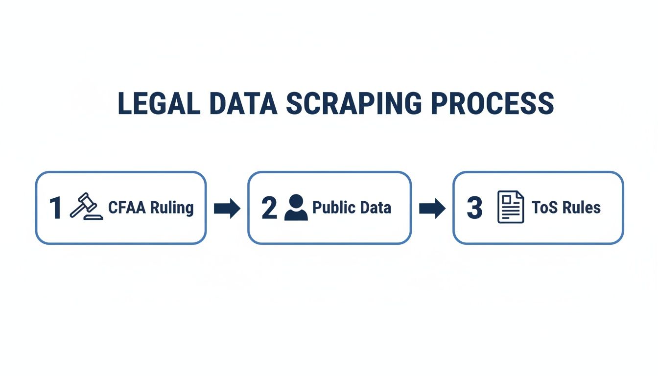 Flowchart illustrating the legal data scraping process with CFAA Ruling, Public Data, and ToS Rules.