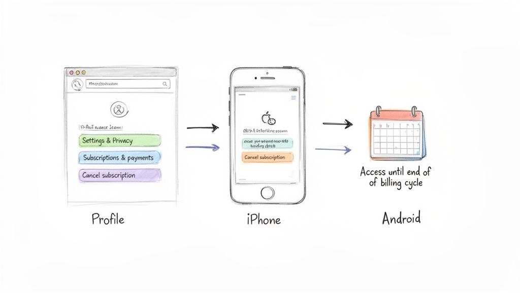 Subscription cancellation workflow across web, iPhone, and Android, indicating continued access until the billing cycle ends.