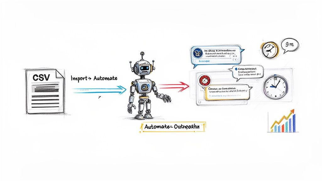 Diagram showing CSV data imported and processed by a robot for automated outreach and business growth.