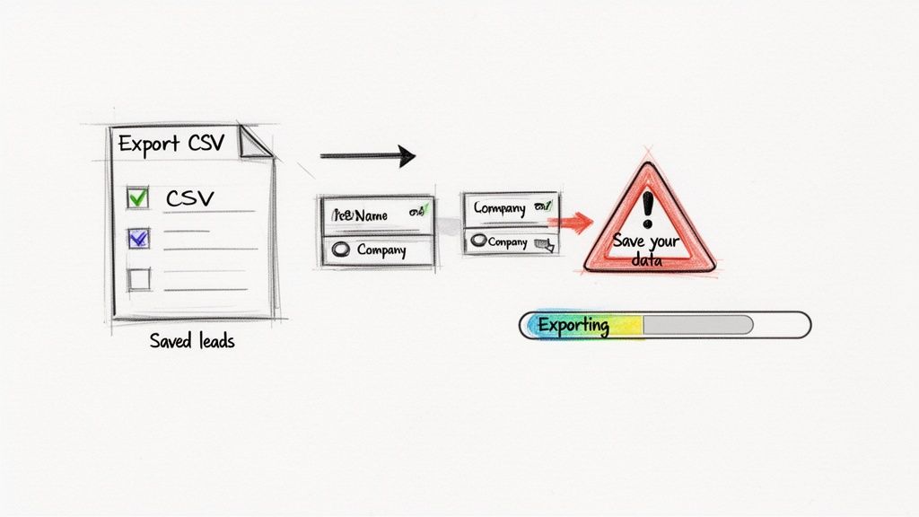 Visual guide showing steps to export saved leads to a CSV file, with data mapping, a save data warning, and an exporting progress bar.