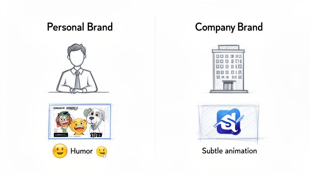 A diagram comparing personal and company brand strategies, showing humor for personal and subtle animation for company.