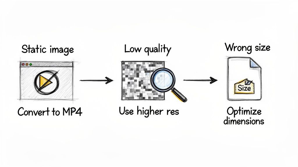 A diagram illustrates three common visual media issues: converting static images to MP4, low quality, and wrong size.