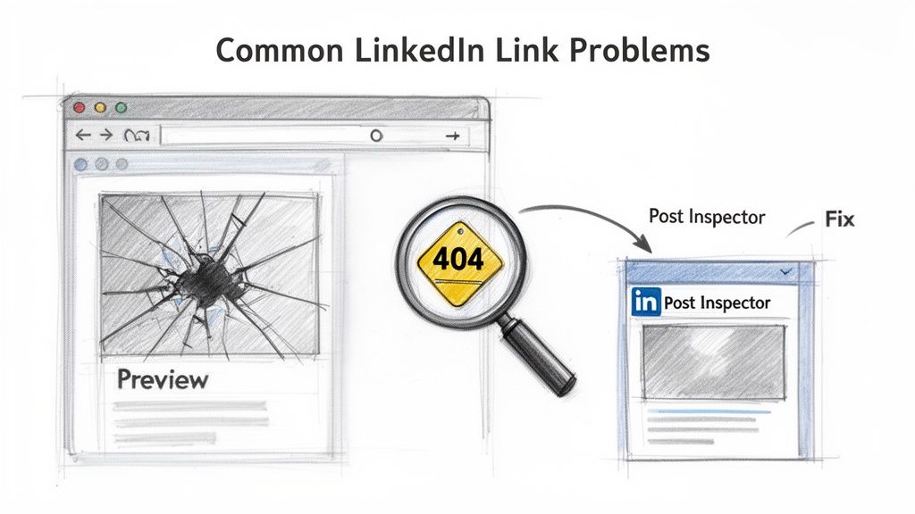 Illustration depicting common LinkedIn link preview issues, a 404 error, and a Post Inspector fixing them.