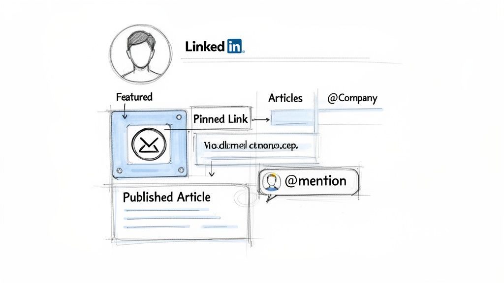Diagram illustrating LinkedIn profile content features, including featured posts, pinned links, articles, and mentions.