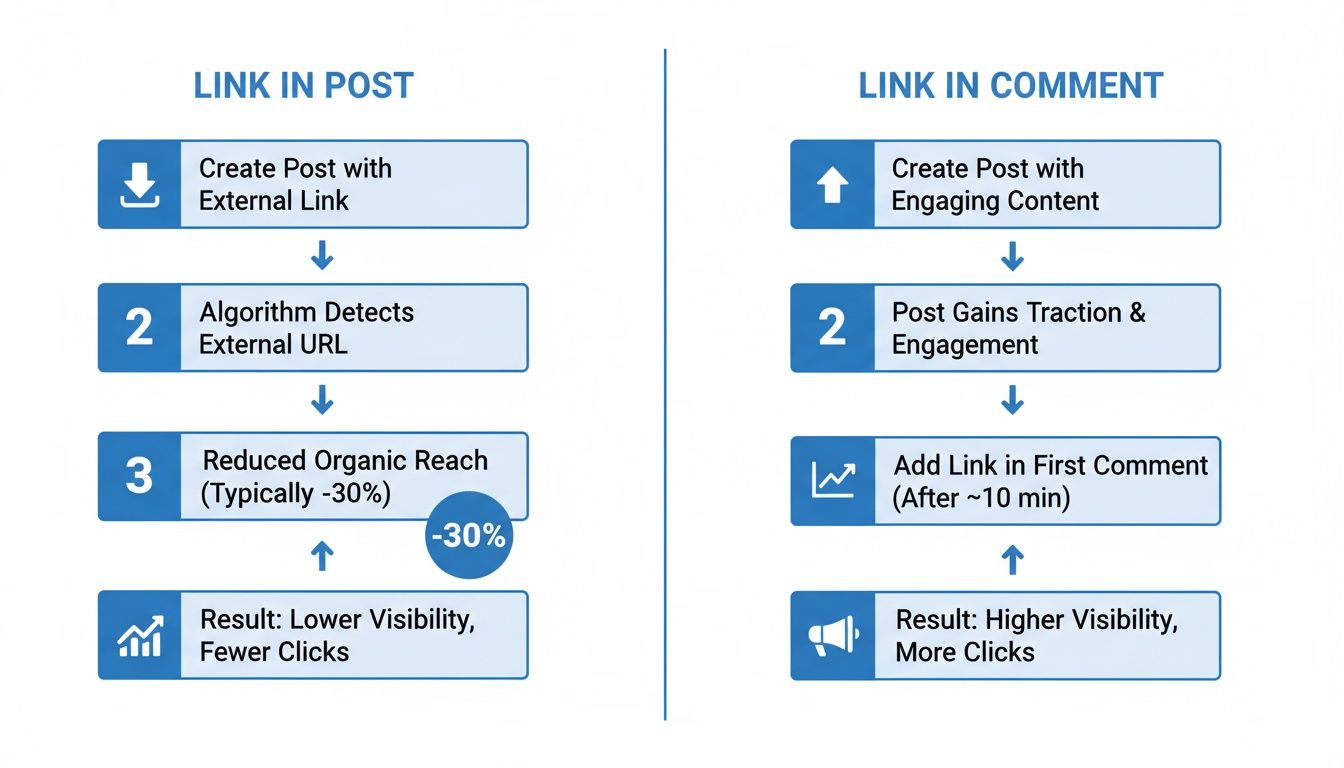Flowchart comparing how adding links directly in a post versus in a comment affects social media reach and visibility.
