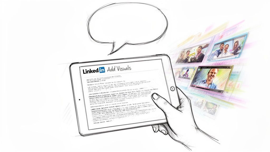 A hand holding a tablet displaying a LinkedIn page with an option to add visuals to a profile.