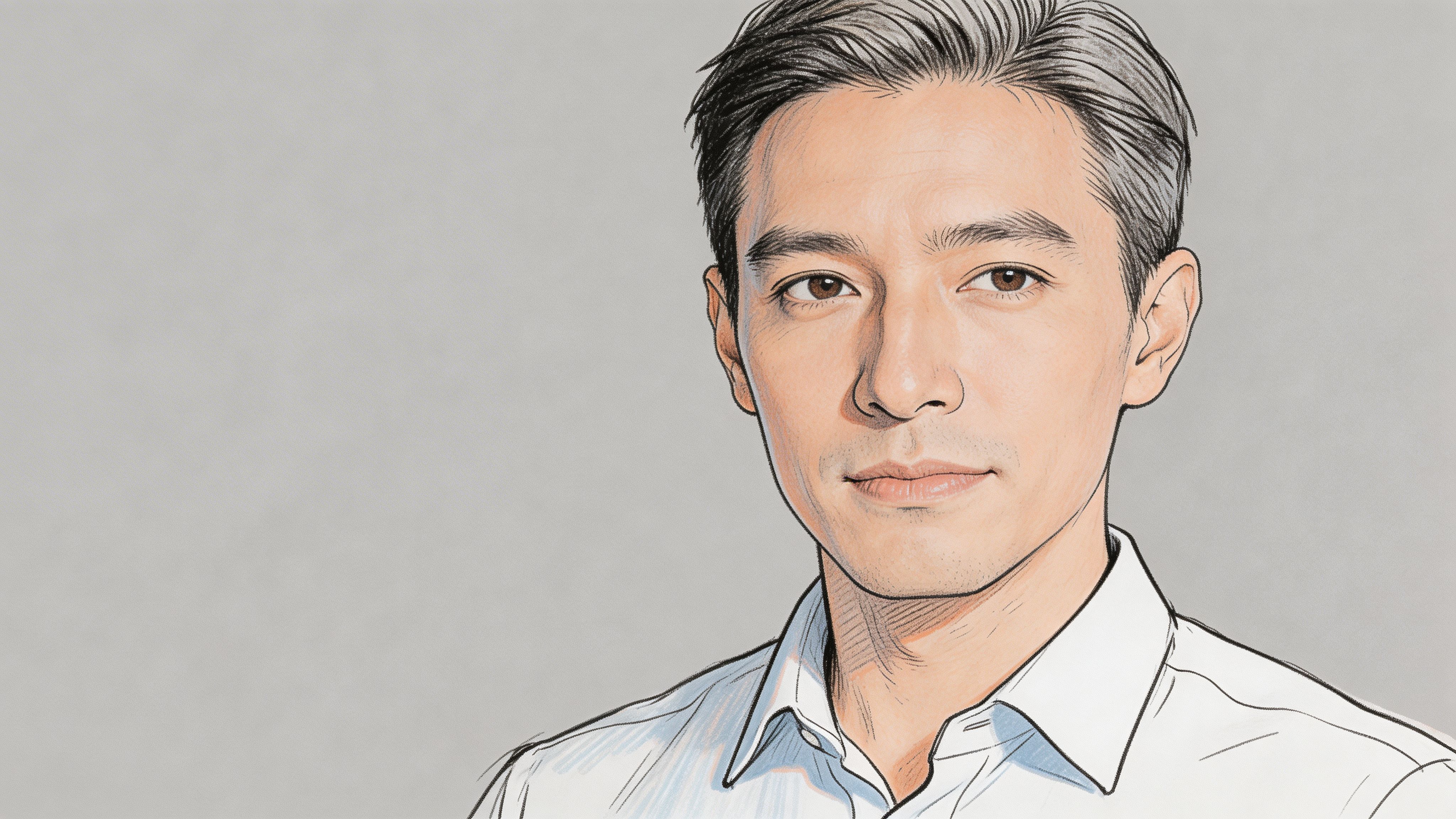 A professional digital sketch of a man with short dark hair wearing a white collared shirt.