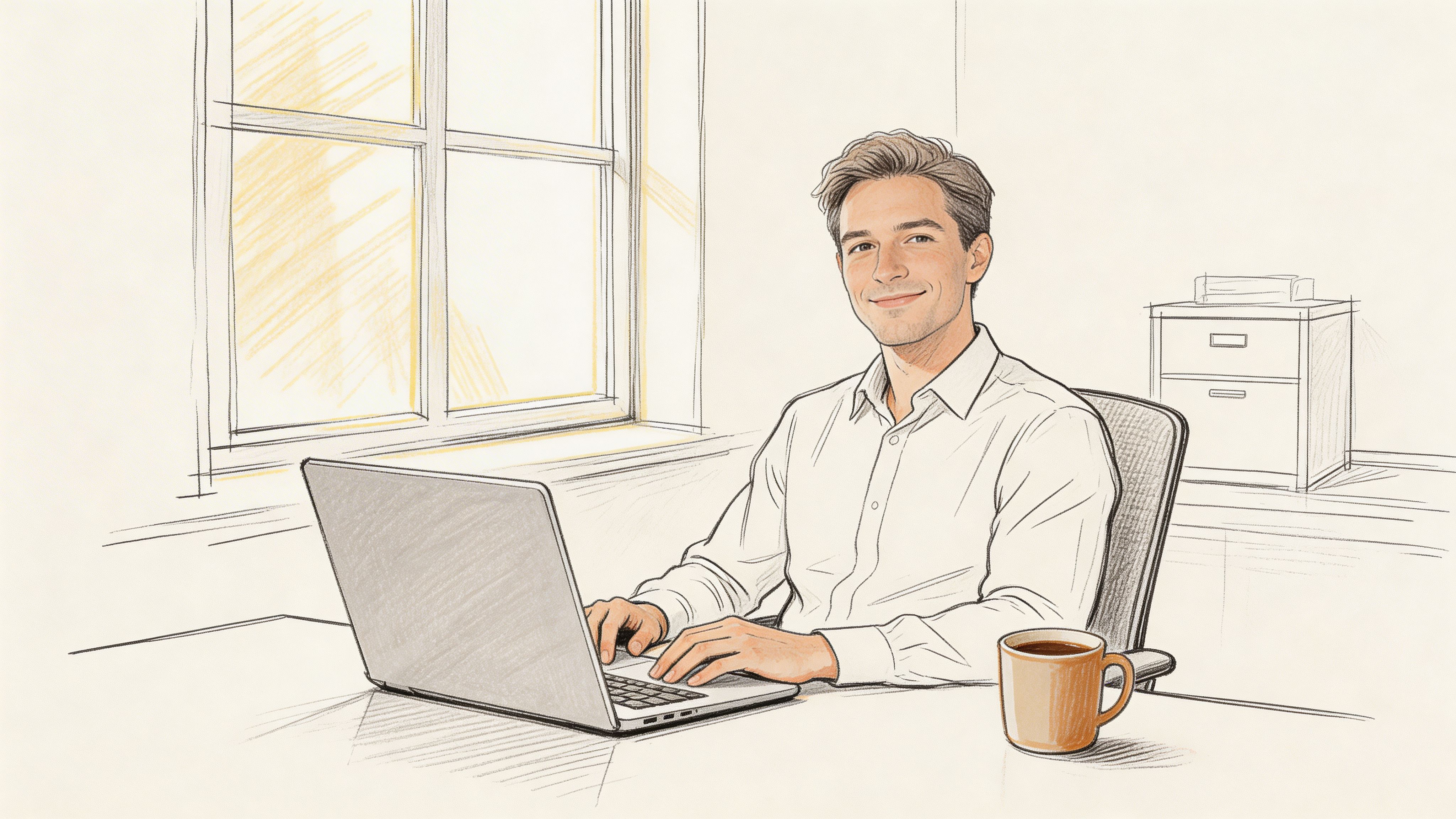 A professional man sitting at a desk with a laptop and coffee, ideal for LinkedIn profile images.