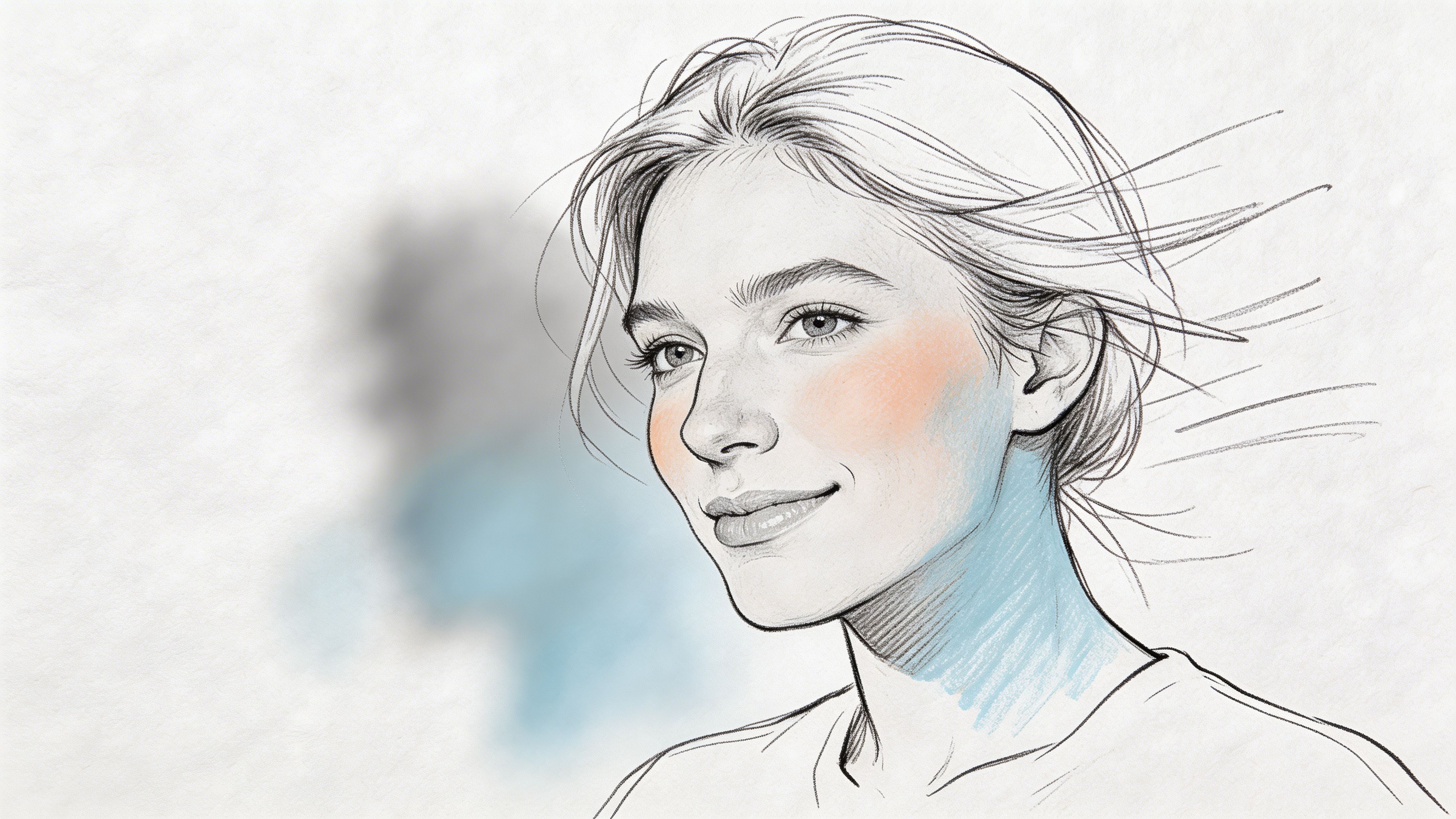 A pencil sketch style portrait of a young woman with a gentle smile for professional branding.