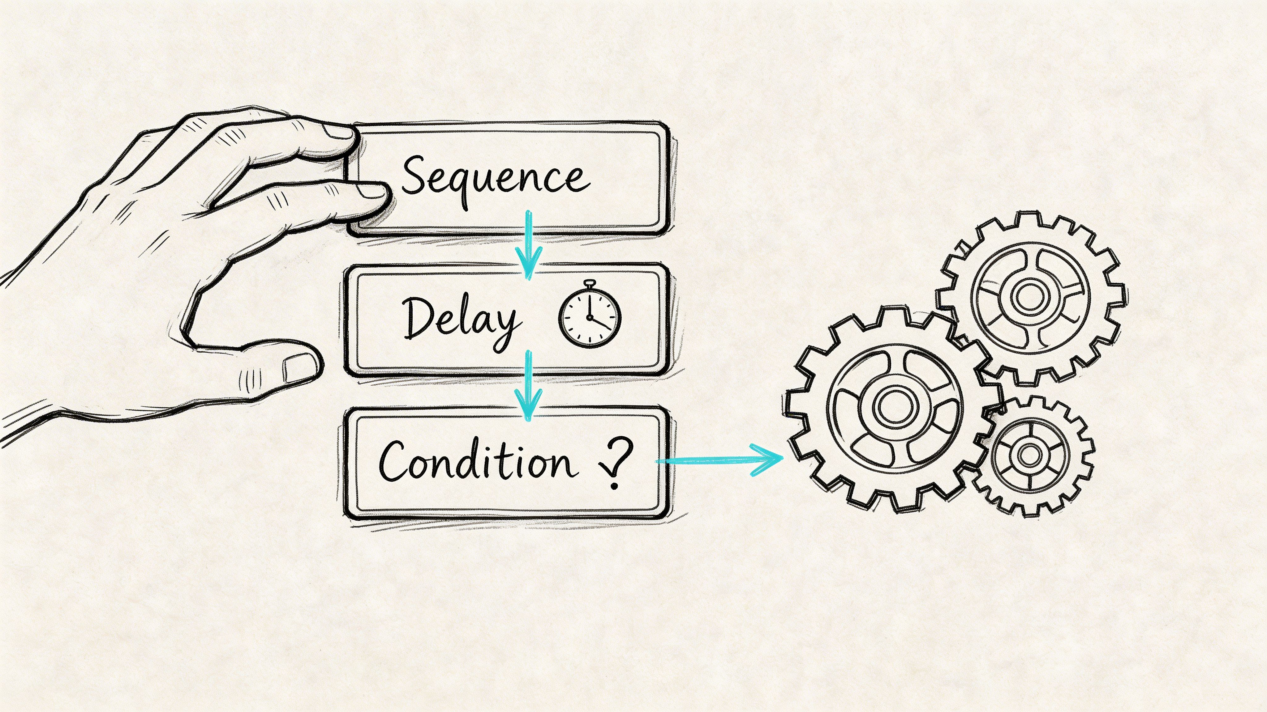A hand positioning a sequence, delay, and condition block diagram connected to mechanical gears for automation.