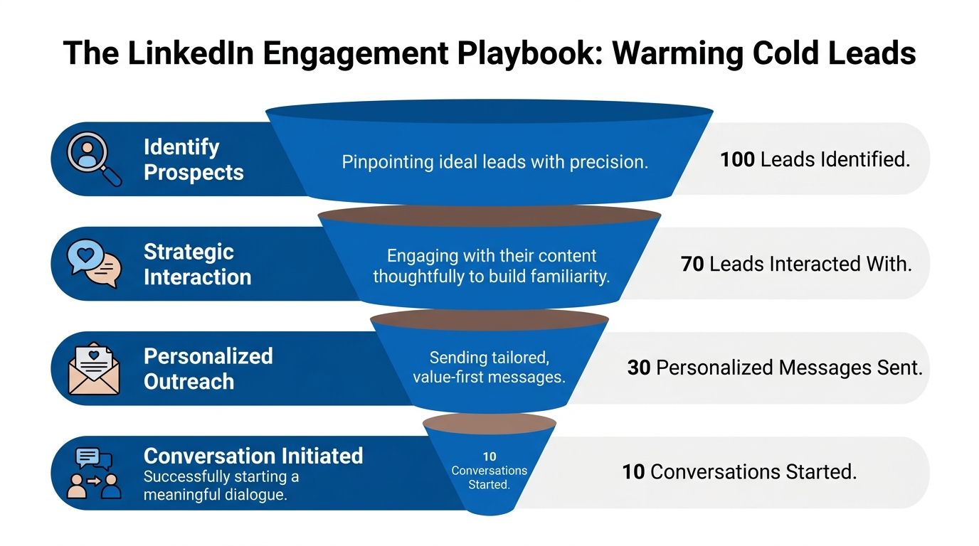 A funnel diagram illustrating the four steps of the LinkedIn lead generation and engagement process.