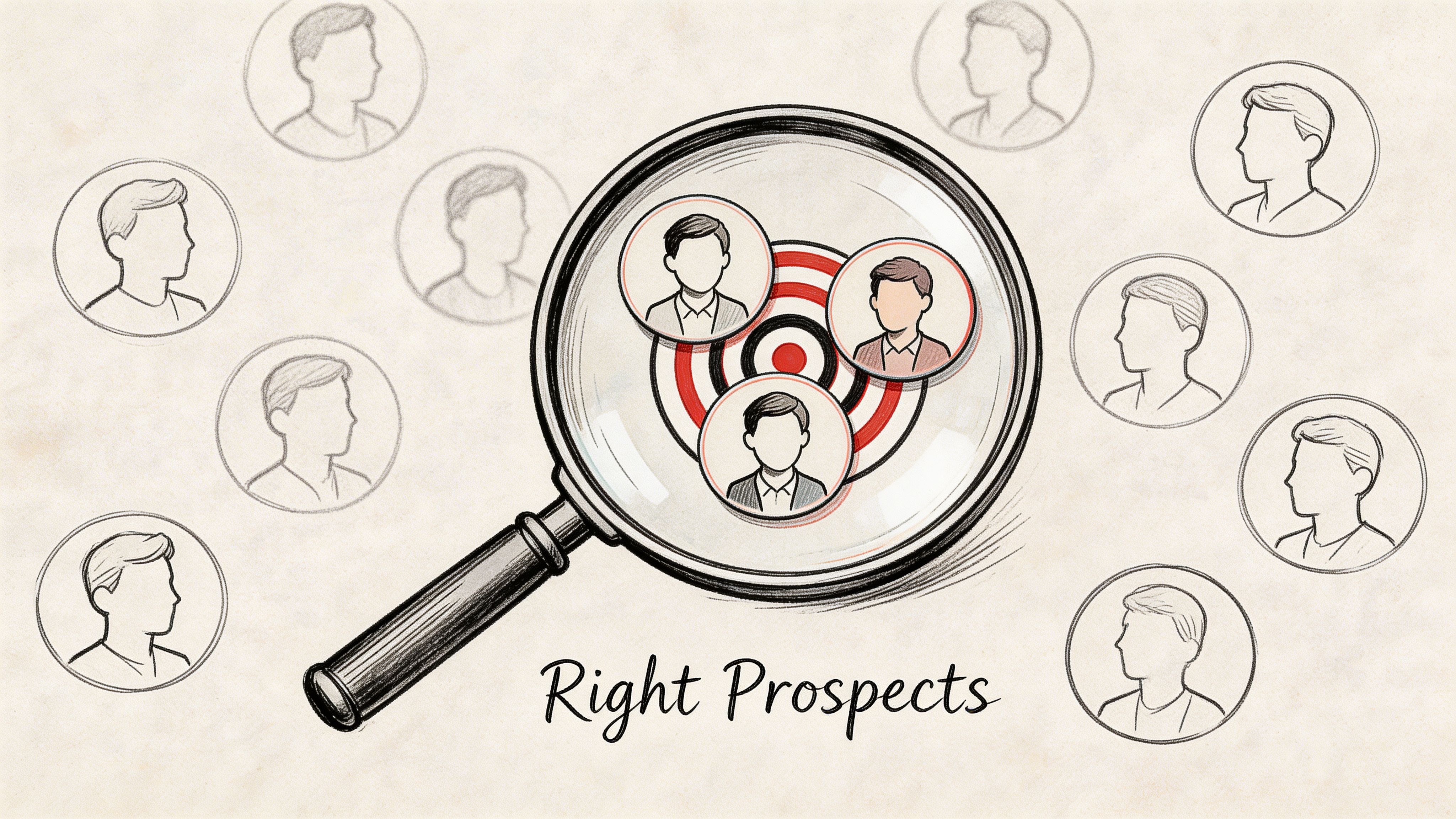 A magnifying glass focusing on three selected business prospects over a target bullseye symbol on paper.