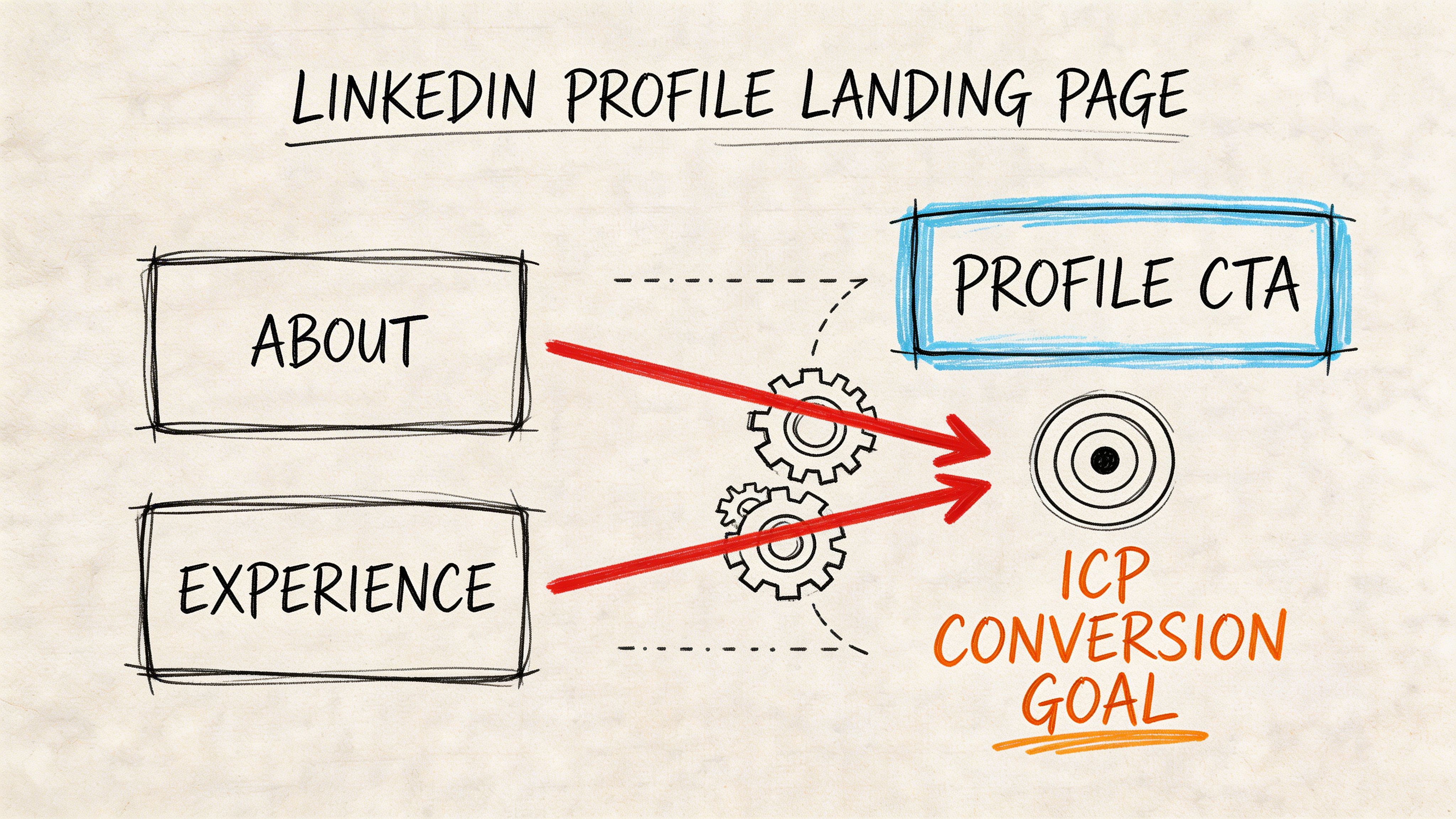 A hand-drawn diagram illustrating how LinkedIn profile sections convert visitors into targeted leads for business growth.