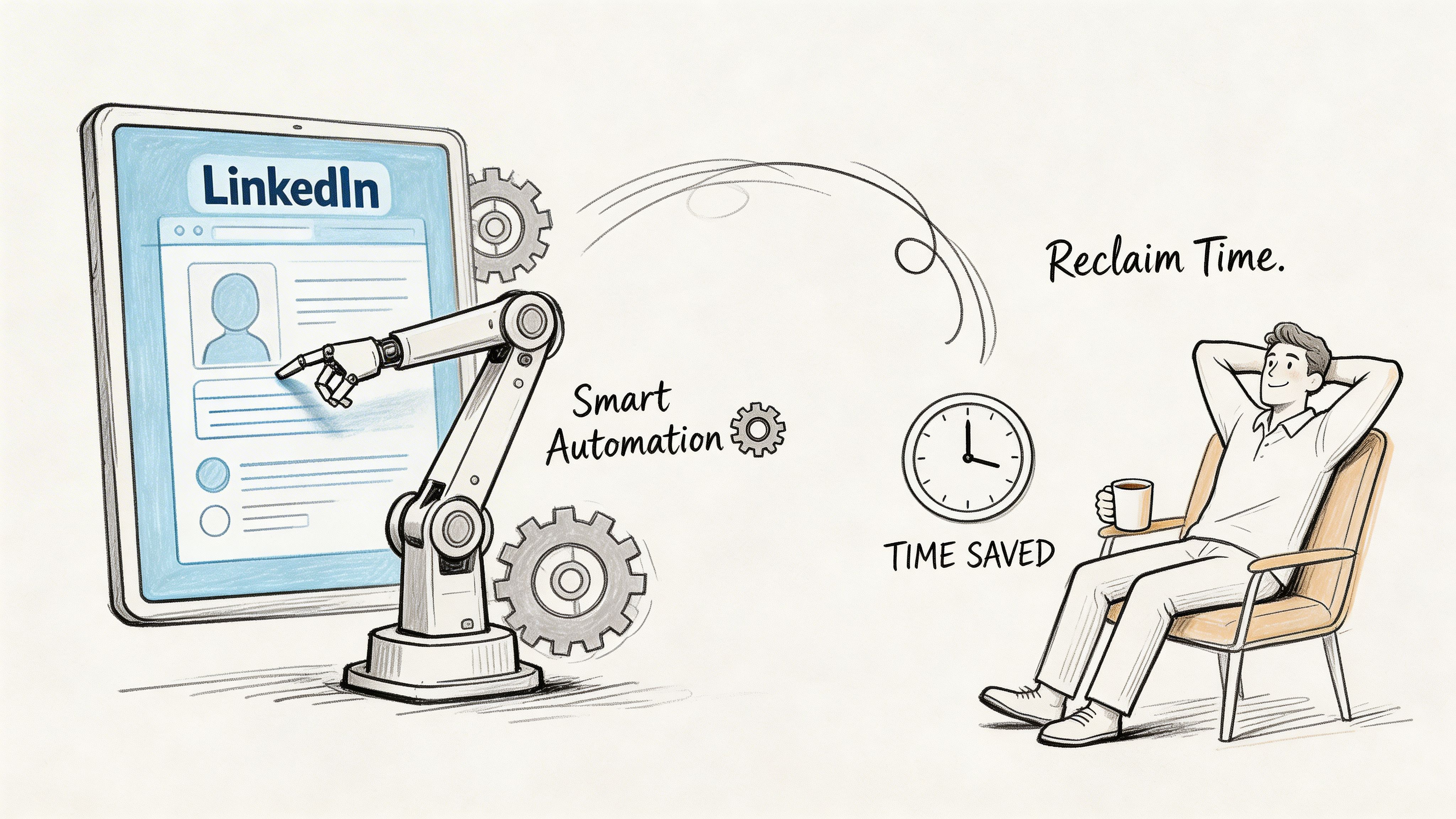 A robot hand automating tasks on a LinkedIn profile, allowing a relaxed man to save time.