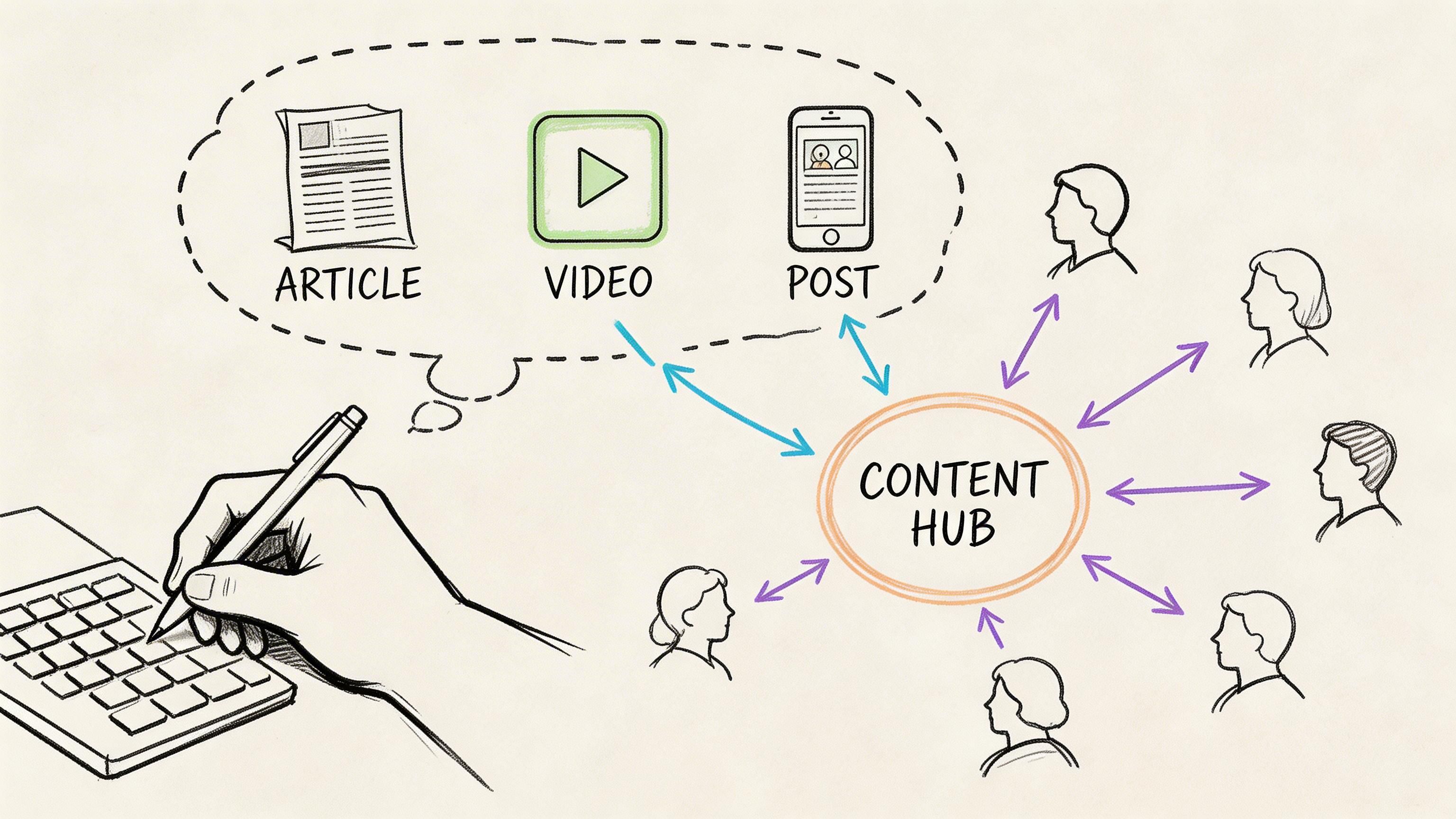 A hand-drawn illustration showing a person writing at a desk connected to a central content hub.