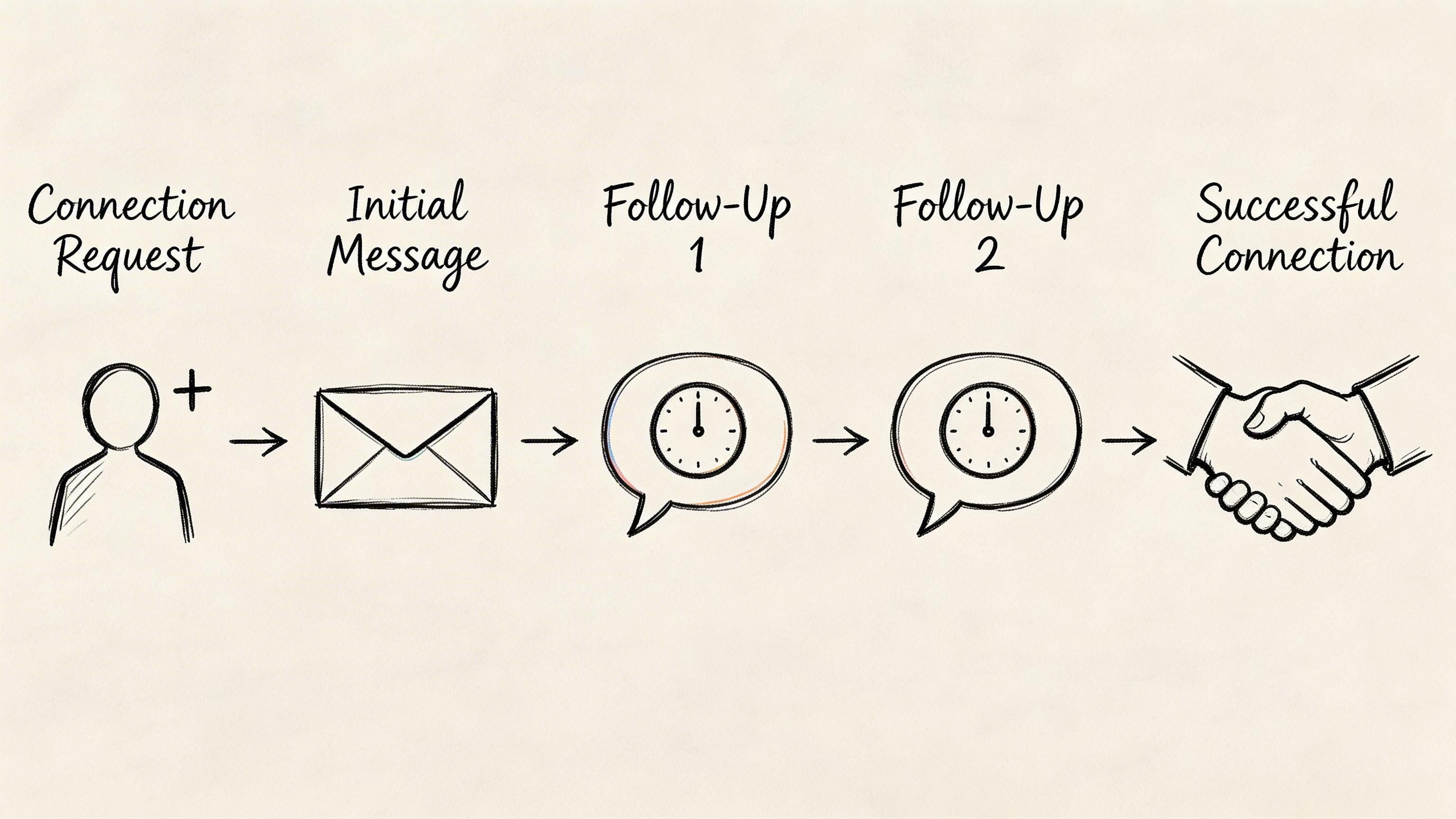 A flowchart illustration showing the five stages of building a successful professional connection on LinkedIn.