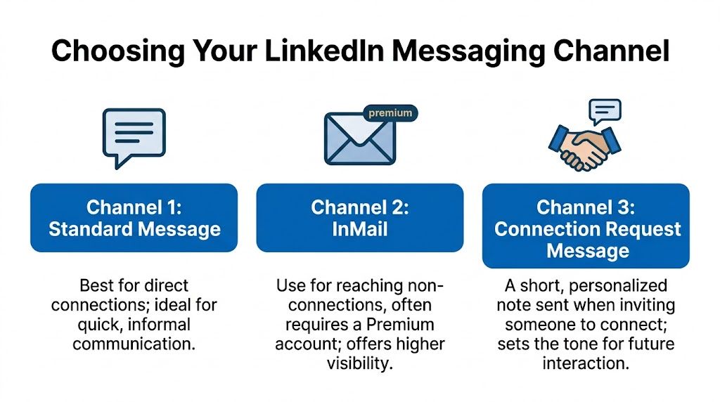 An infographic illustrating three distinct LinkedIn messaging channels: standard messages, InMail, and connection request notes.