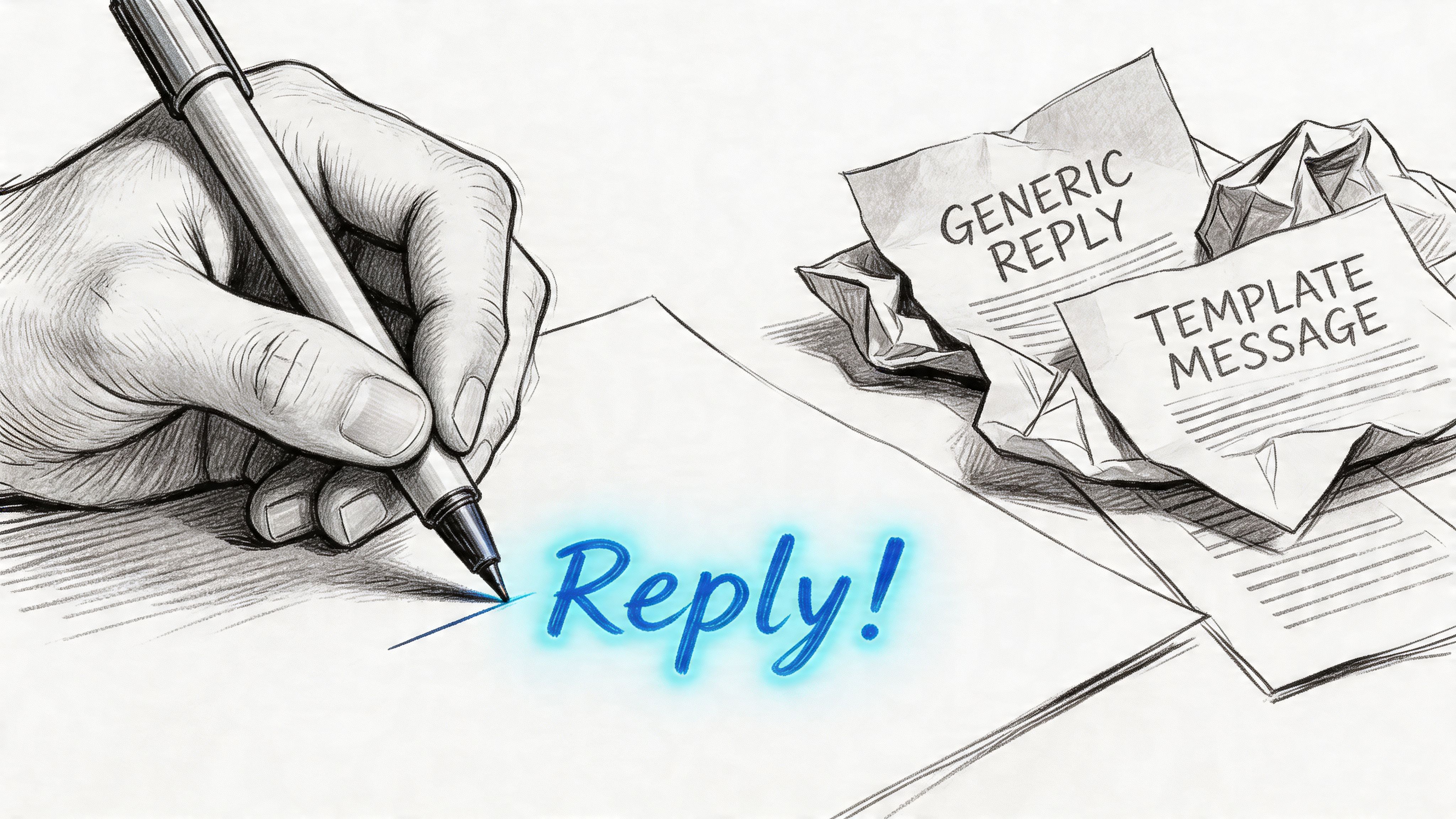 A hand drawing a bright blue glowing word Reply on paper, with crumpled discarded template message notes.