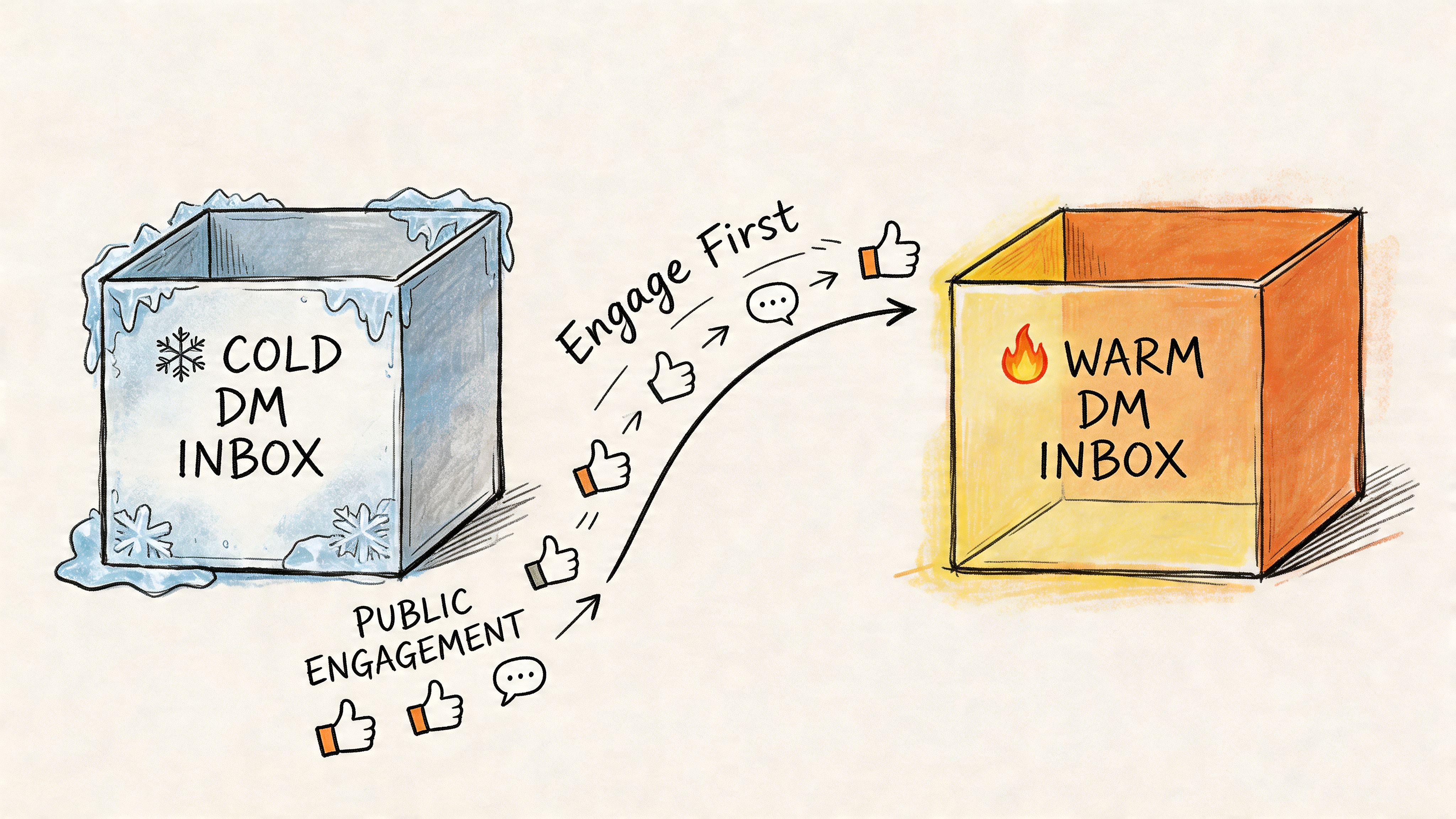 A diagram illustrating how public engagement transforms a cold DM inbox into a warm DM inbox.