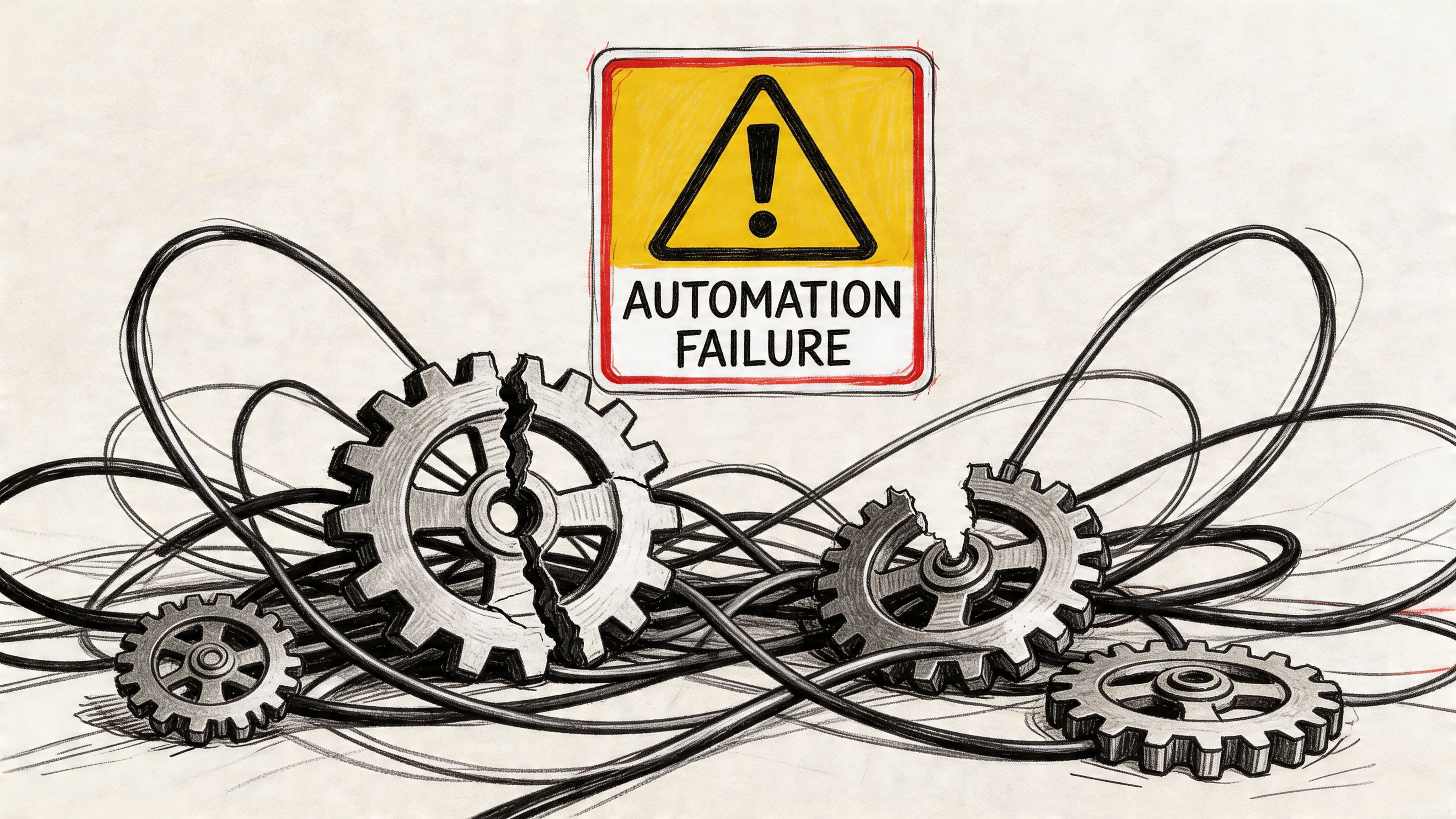 A digital illustration showing broken gears and tangled wires under an automation failure warning sign.
