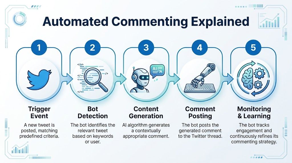 A five-step infographic explaining how an automated bot system identifies, generates, and posts comments on Twitter.