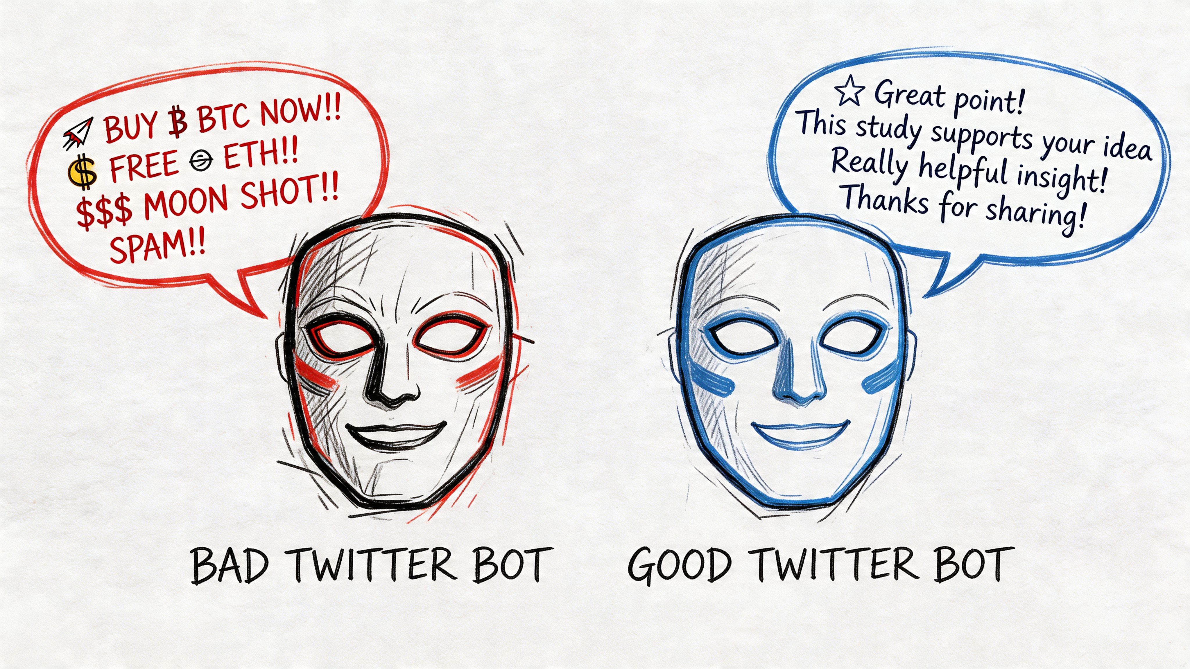 A digital illustration comparing a spammy bad Twitter bot to a helpful and polite good Twitter bot.