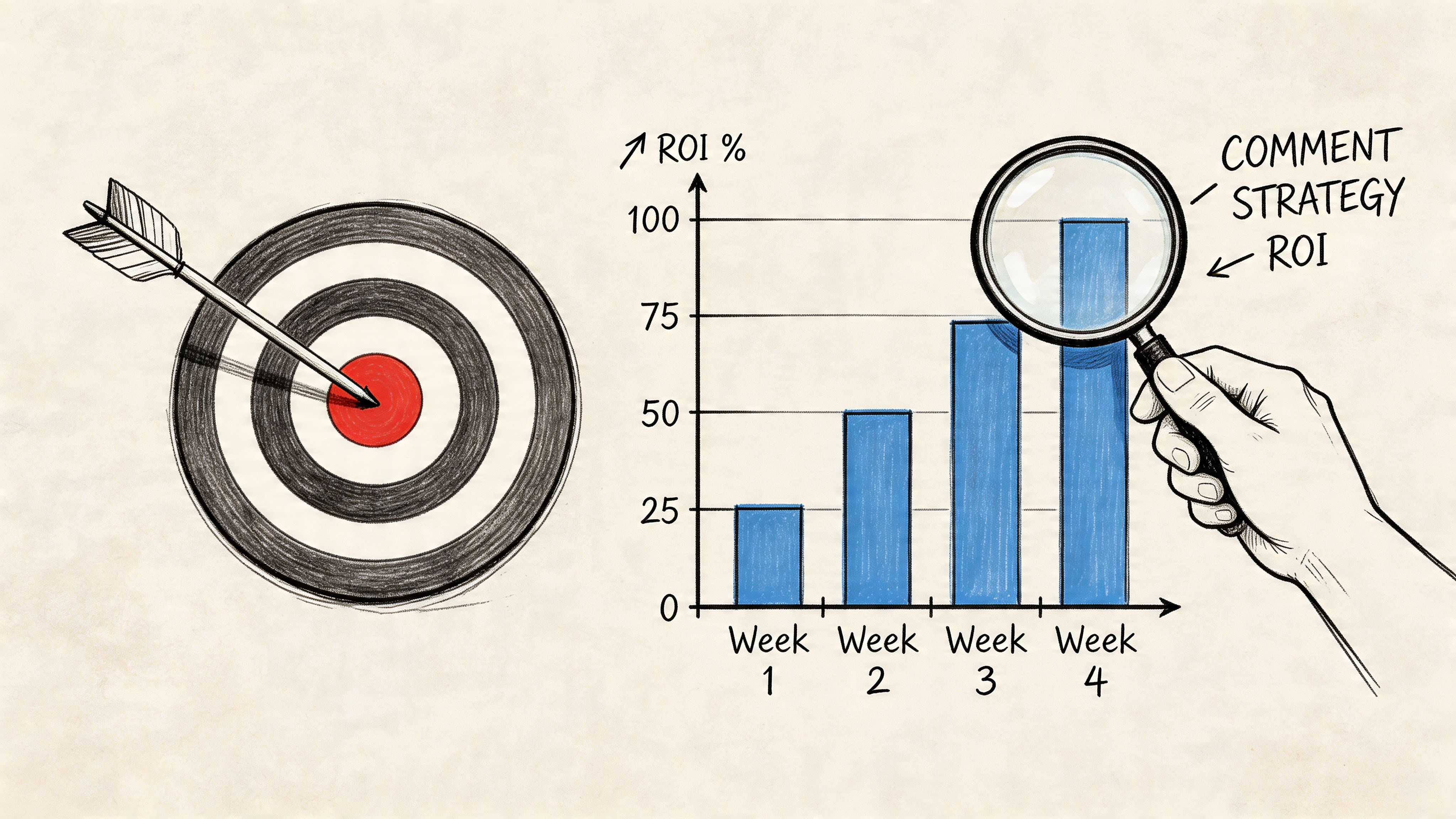 An illustration showing a target with an arrow hitting the bullseye next to a rising bar chart.