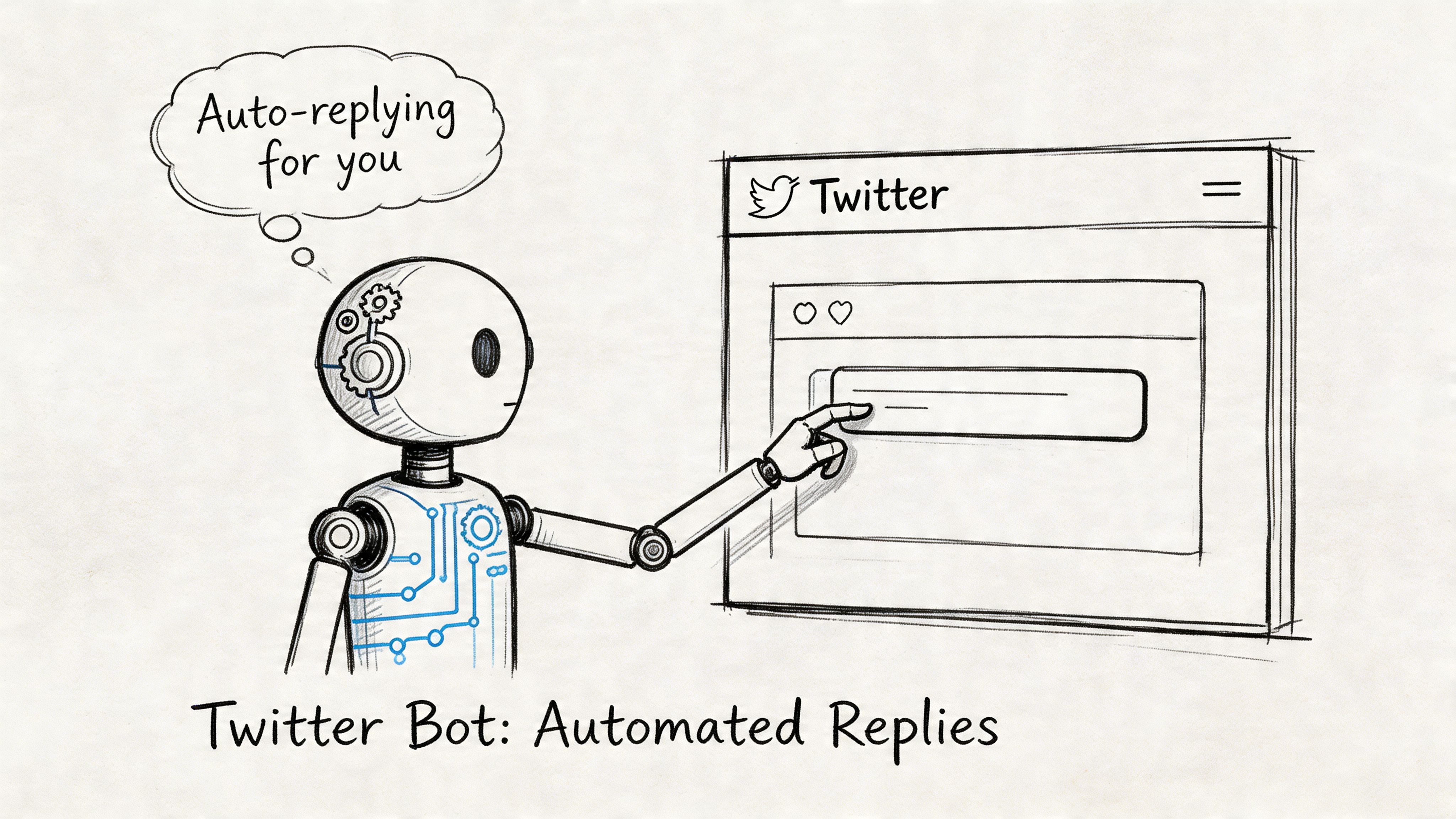A sketched illustration of a robot interacting with a Twitter interface to send automated replies to posts.