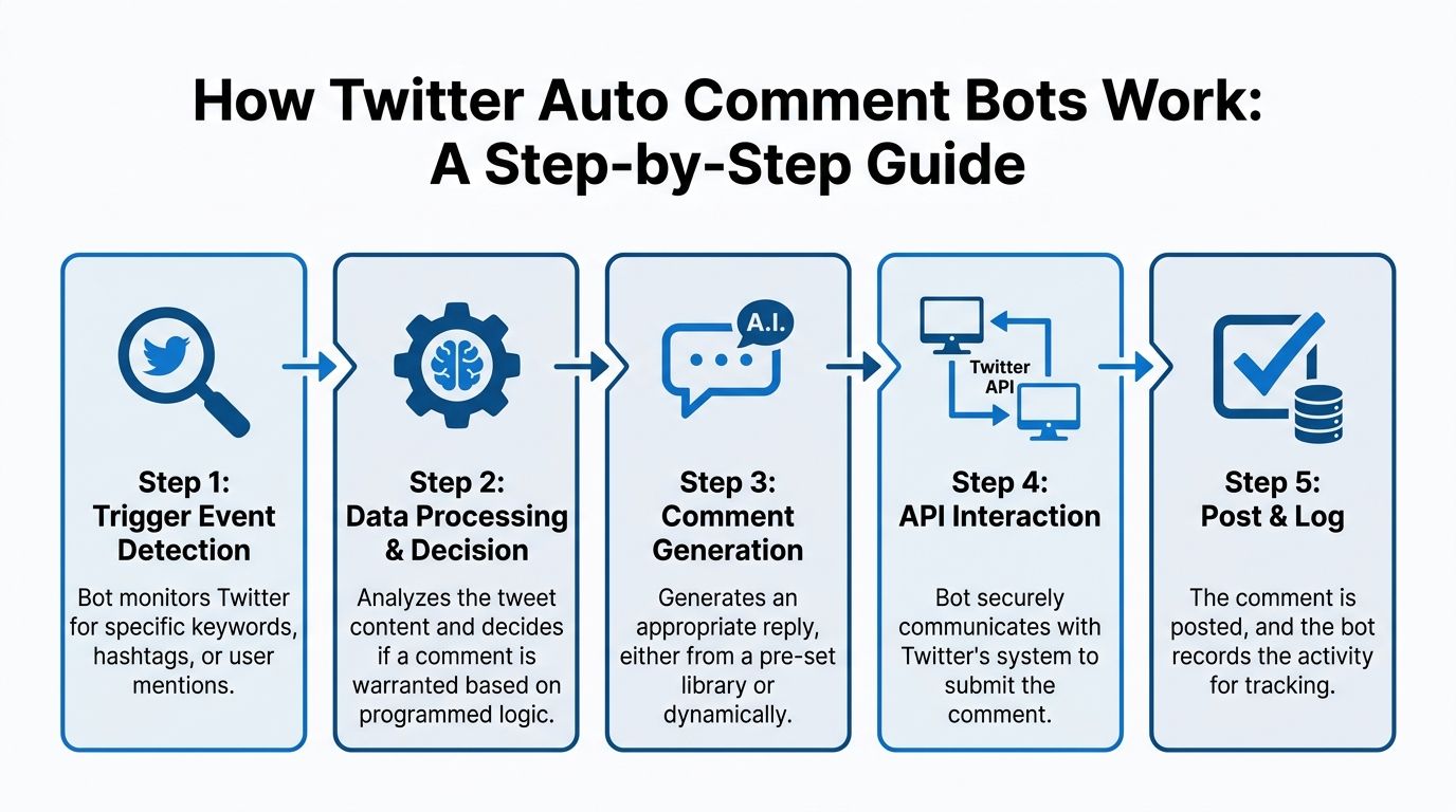 An infographic diagram outlining the five-step process of how Twitter automated comment bots function and interact.