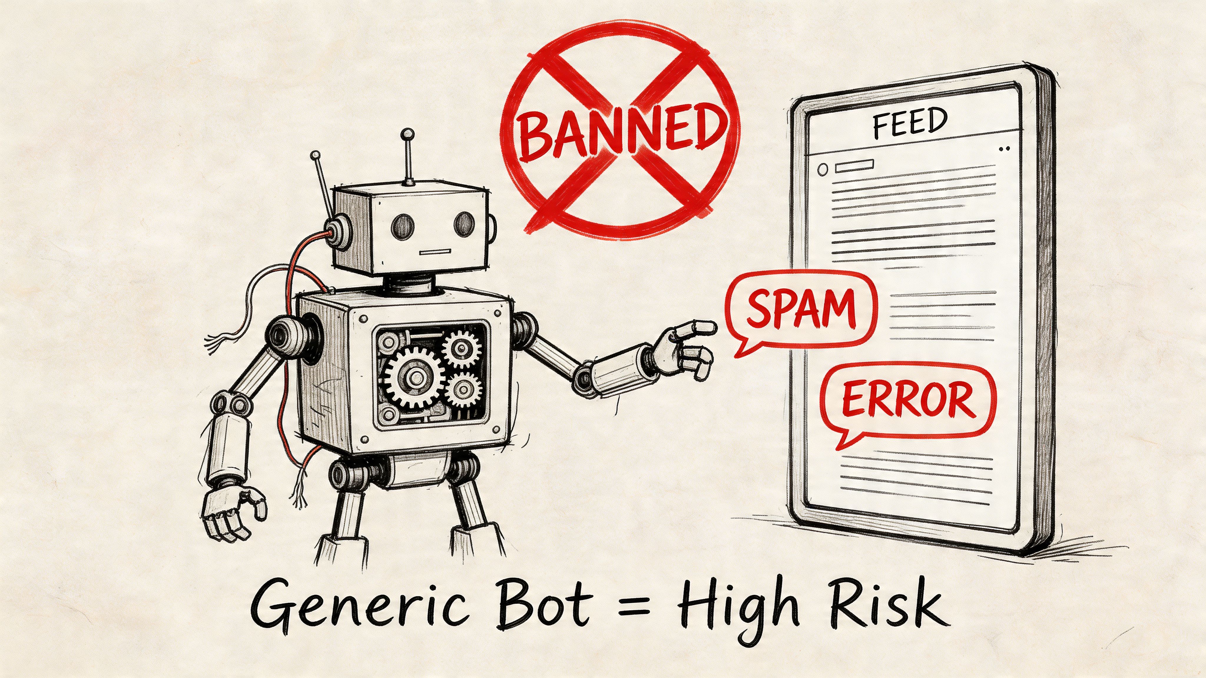 A sketched illustration showing a robot being banned for generating spam and errors on a feed.