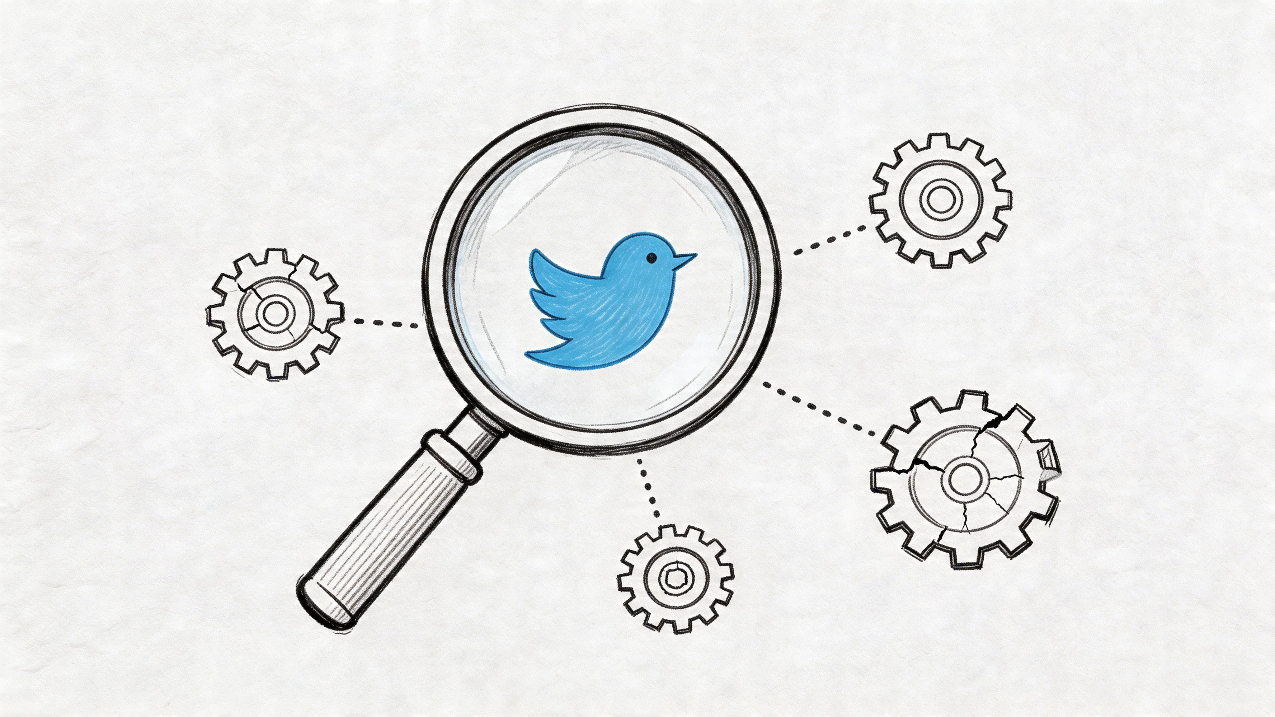 A magnifying glass inspecting a Twitter logo icon surrounded by four connected mechanical gear illustrations.