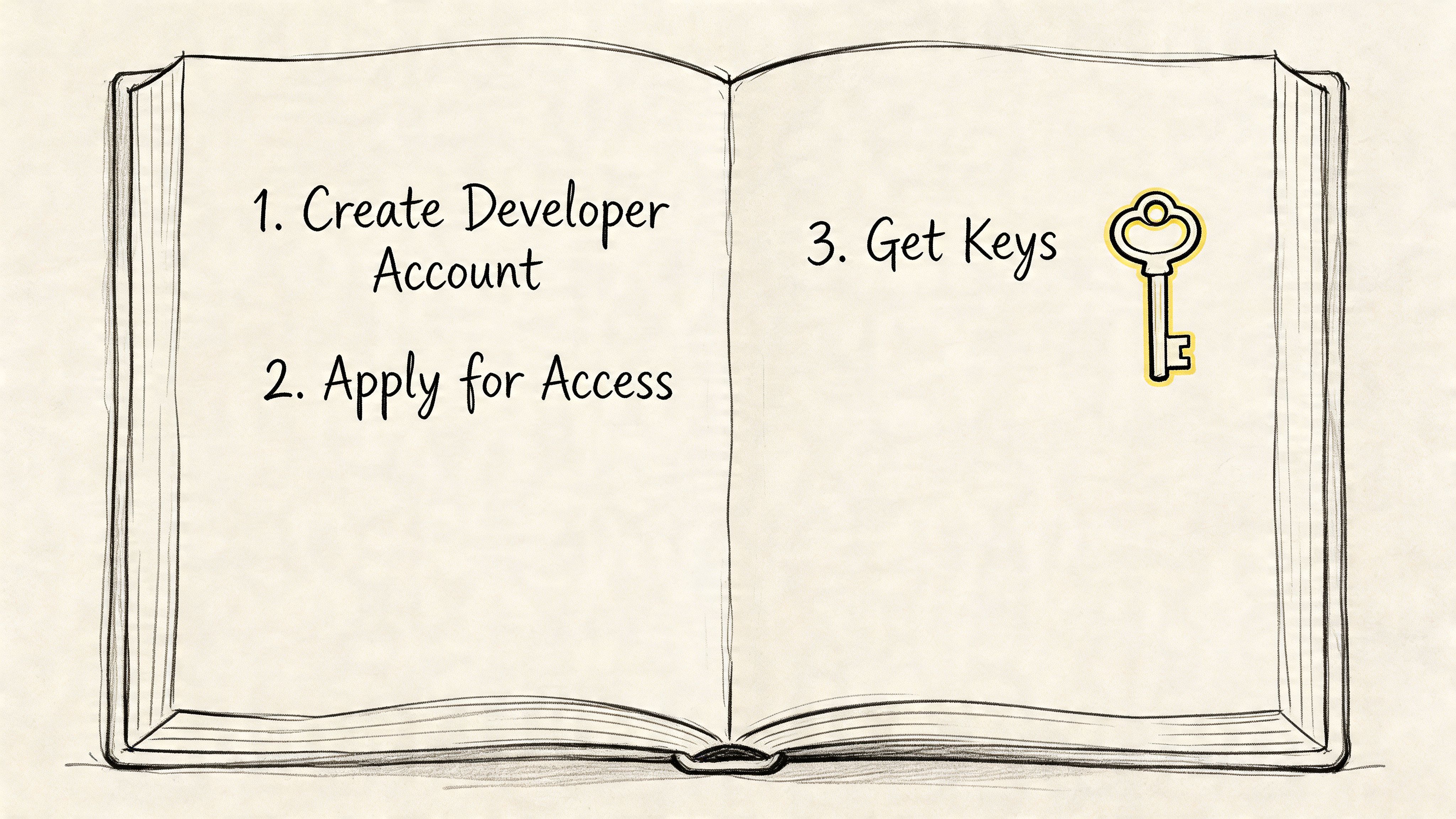A hand-drawn illustration of an open book showing a three-step guide to getting developer keys.