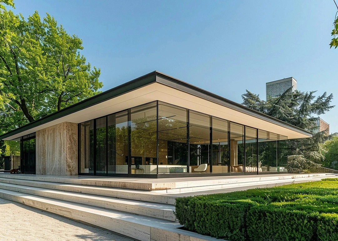 A modern house constructed from glass and stone, showcasing a blend of transparency and solidity in its design.