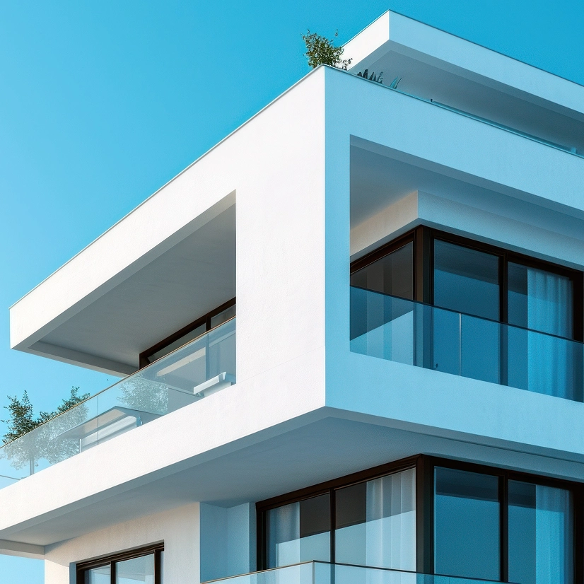 Modern white house featuring a balcony, showcasing contemporary architecture and clean lines against a clear blue sky.