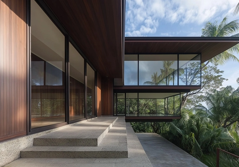 Modern house with glass walls, wooden panels, and concrete steps surrounded by lush tropical greenery.