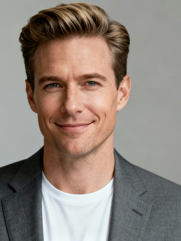 Smiling man with blond hair wearing a gray suit jacket and white shirt against a gray background.
