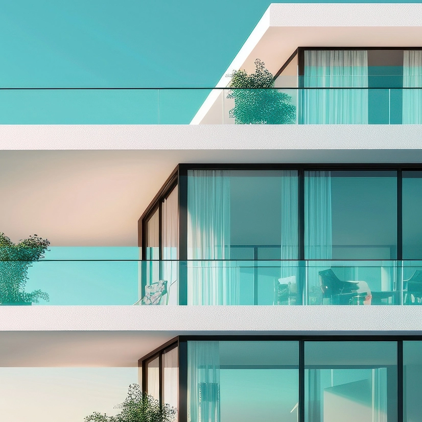 Modern white house featuring a balcony, showcasing contemporary architecture and clean lines against a clear blue sky.