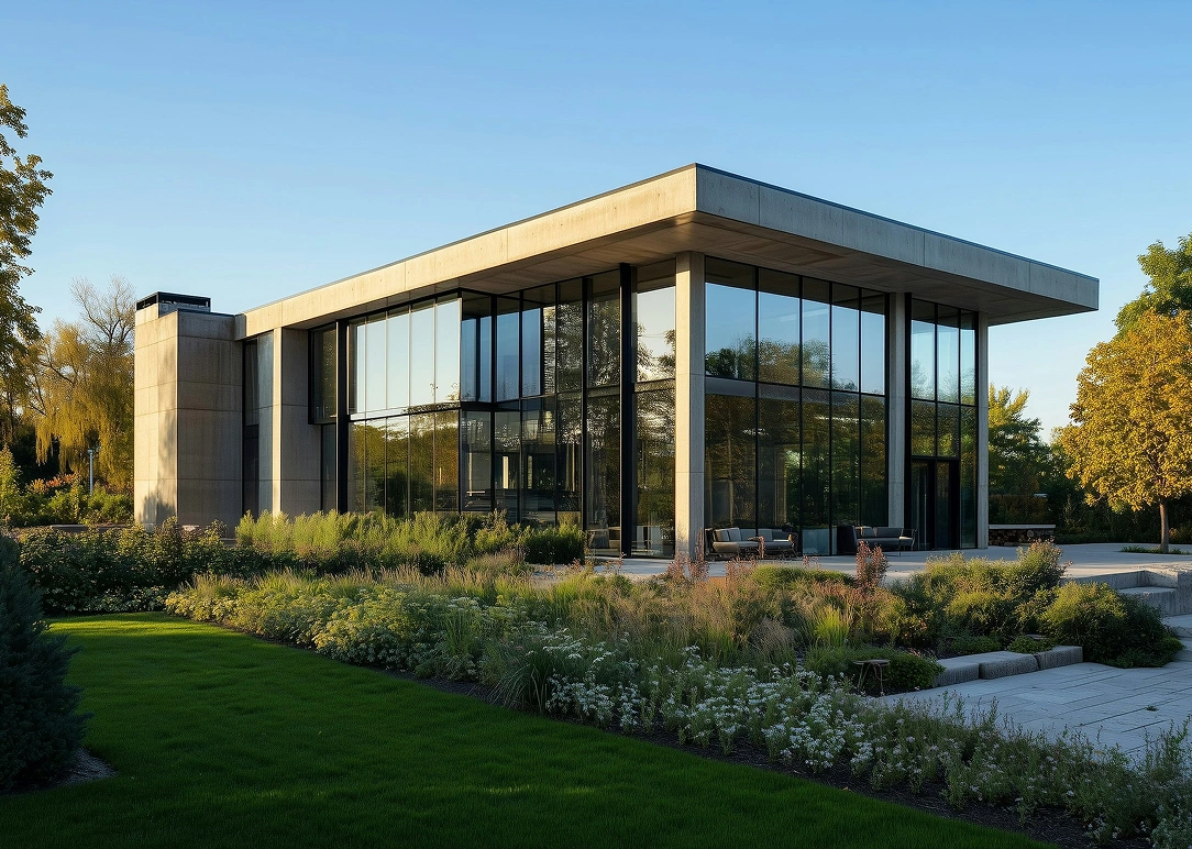 Modern glass-walled building with concrete roof surrounded by lush green landscaping and trees under a clear blue sky.