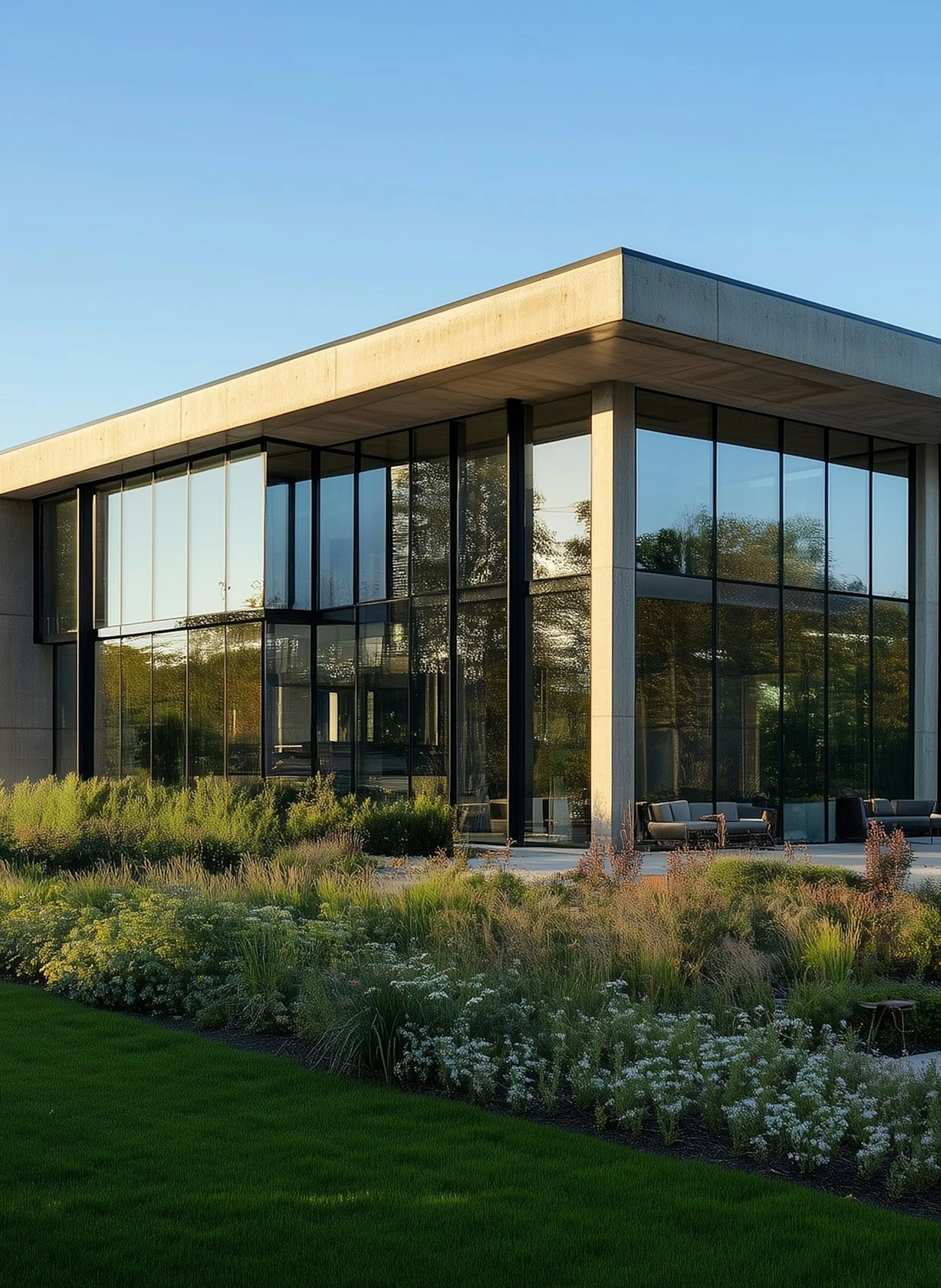 A modern home set amidst vibrant green grass, showcasing a serene and inviting outdoor environment.